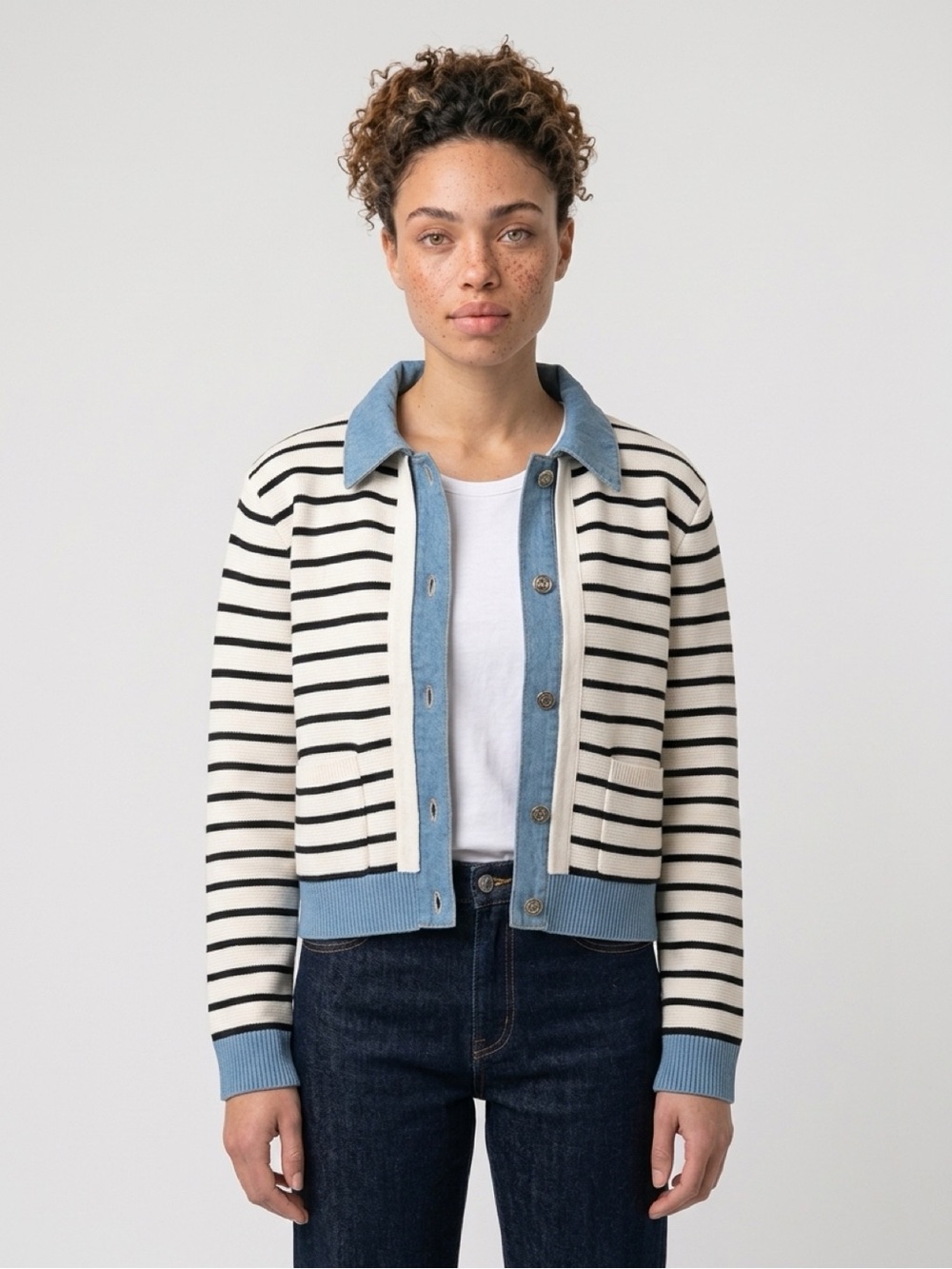 Calligraphie Striped Jean-Trim Jacket - White/Black/Blue